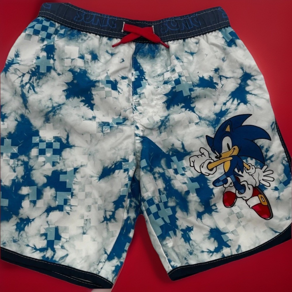 Sonic The Hedgehog Boys Board Shorts Tie Dye Blue White Size S Drawstring Mesh